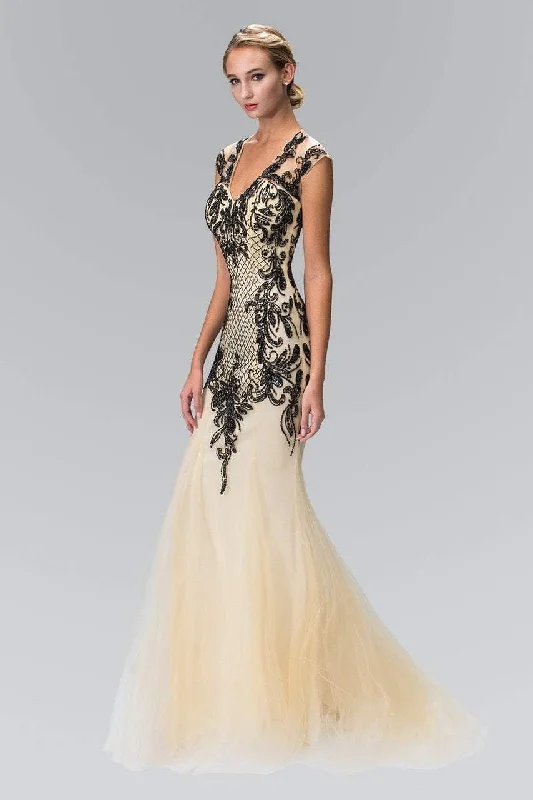 Best Bargains Elizabeth K - GL2169 V-neckline with Open Back Beaded Gown