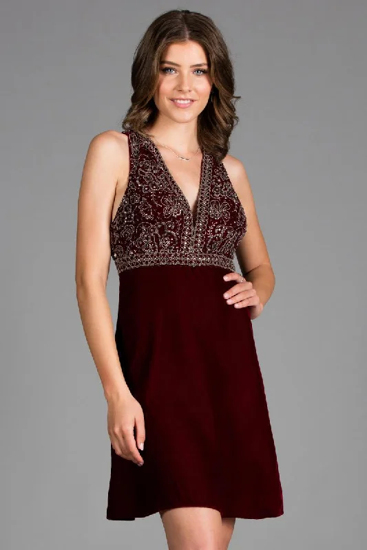 Best Bargains SCALA - 48913 Beaded Plunging V-neck Velvet A-line Dress