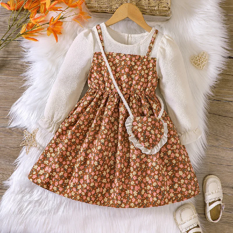 Mega Sale Kids Linen Feel Long Sleeve Floral Dress and Purse