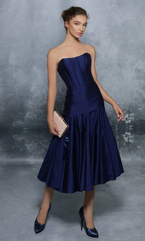 Price Buster Tarik Ediz - 96123 Corset Bodice Fit and Flare Tea-Length Dress