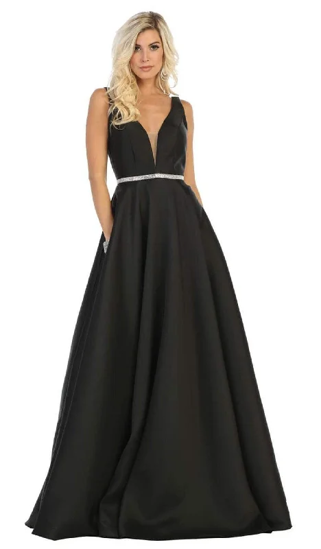 Discount Extravaganza May Queen - MQ1683 Illusion Plunging Neck Sleeveless Satin A-Line Gown