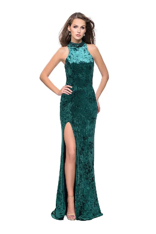 Anniversary Sale La Femme - 25783 Beaded High Halter Velvet Sheath Dress
