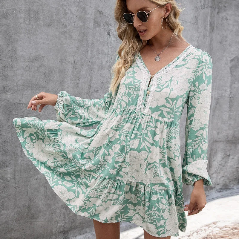 Sale Event Floral Button Up Long Sleeve Tiered Mini Dress
