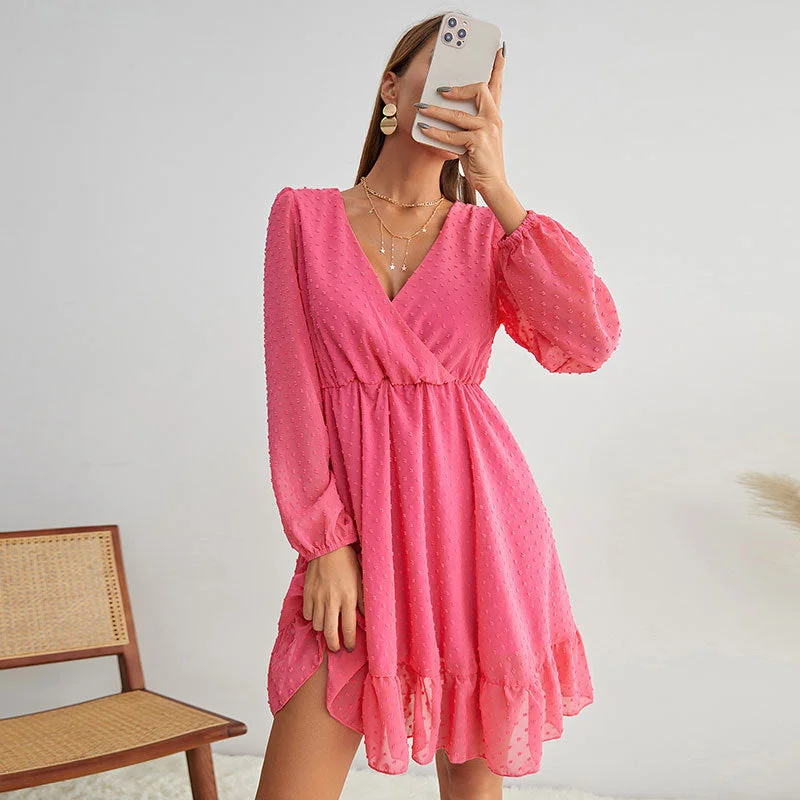 Savings Galore Swiss Dot Long Sleeve Ruffle Hem V Neck Mini Dress