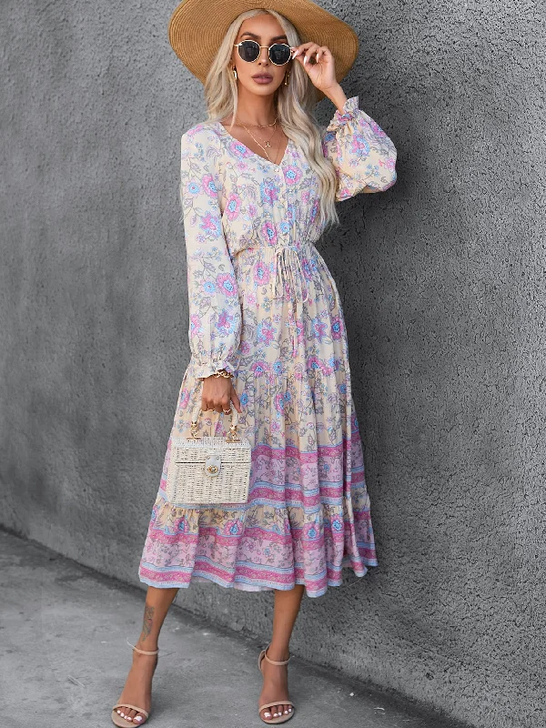 Best Deals Bohemian Paisley Floral Long Sleeve Button Up Midi Dress