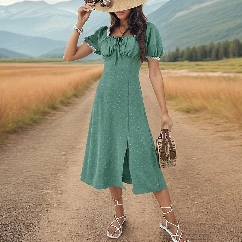 Act Now Puff Sleeve Drawstring Tie Front Side Slit Ruched Short Sleeve Midi Dress