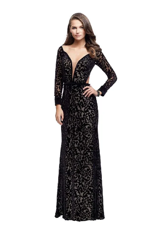Special Price La Femme - 25497 Deep V-neck Velvet Sheath Gown