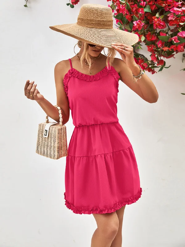 Steals and Deals Spaghetti Strap Cinch Waist Ruffle Detail Mini Dress