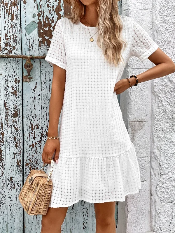 Year-End Sale Waffle Textured Short Sleeve Ruffle Hem Mini Dress