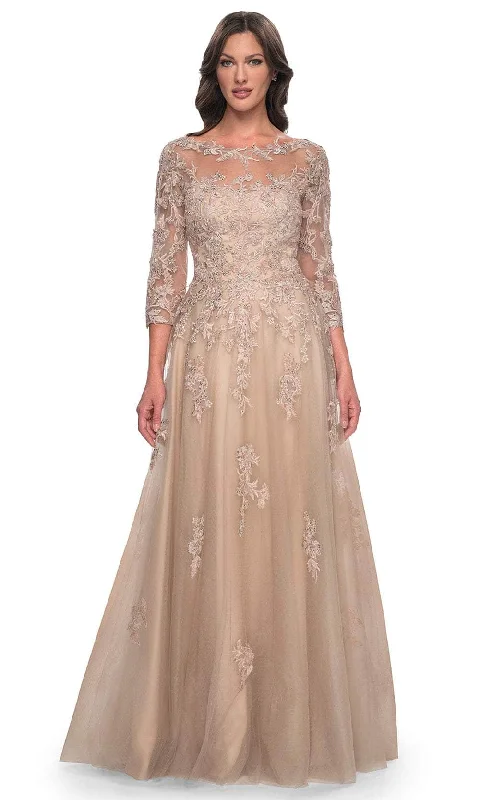 Limited Time Offer La Femme 30859 - Quarter Sleeve Bateau Neck Evening Gown