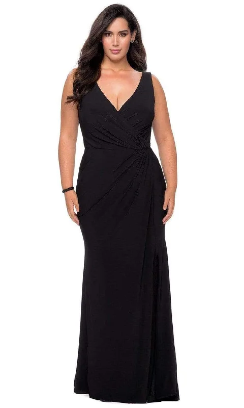 Exclusive Preview La Femme - 28882 V-neck Ruched Modest Prom Jersey Dress