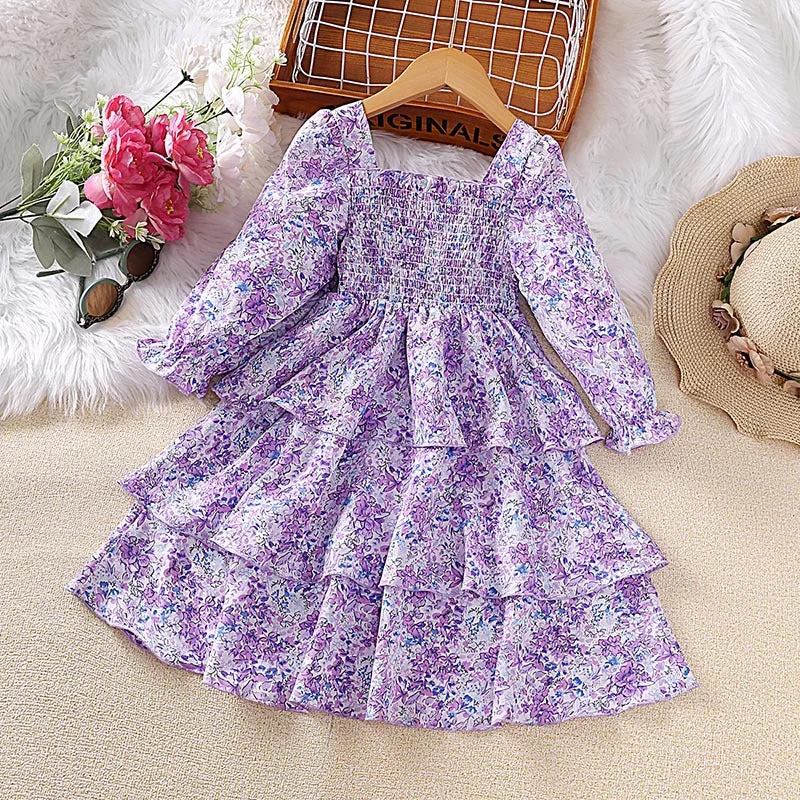 Weekend Special Kids Ditsy Floral Smocked Tiered Long Sleeve Dress