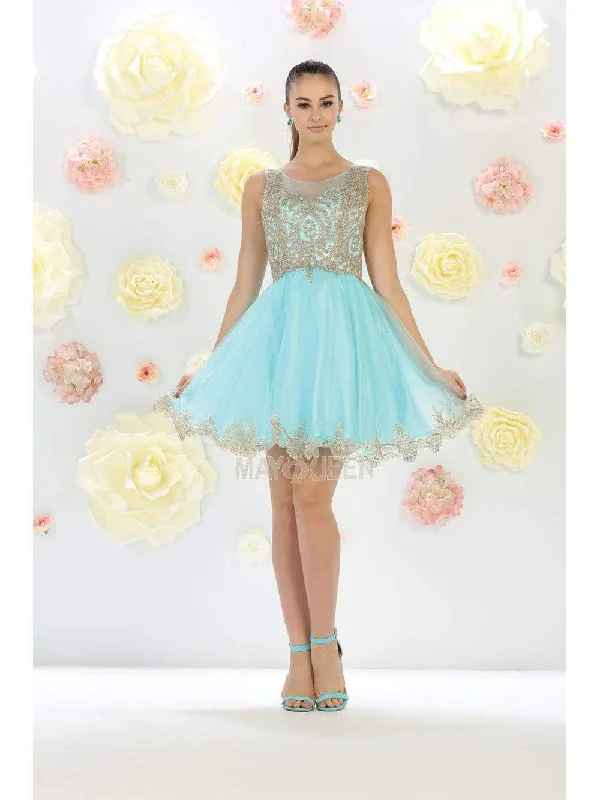 Best Bargains May Queen - MQ1434 Illusion Neckline Lace Applique Cocktail Dress