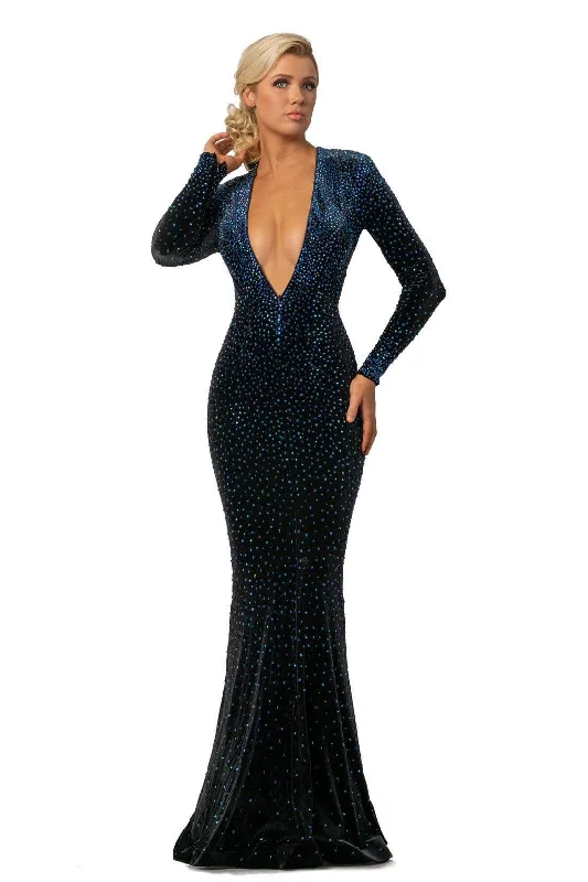 Big Savings Johnathan Kayne - 2045 Embellished Long Sleeve V-neck Trumpet Dress