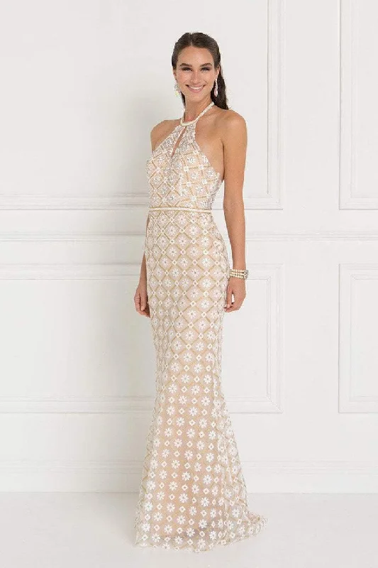 Doorbuster Deal Elizabeth K - GL1548 Beaded Halter Tulle Sheath Dress