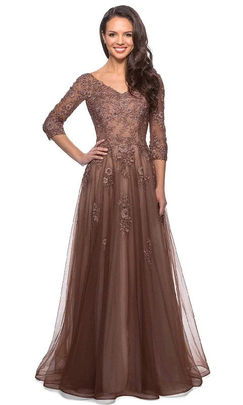 Price Drop La Femme - 27908 Floral Lace V-Neck A-line Gown