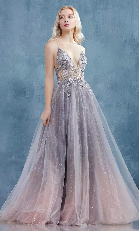 Clearance Sale Andrea and Leo - A0850 Applique Deep V Neck Junior Prom Gown
