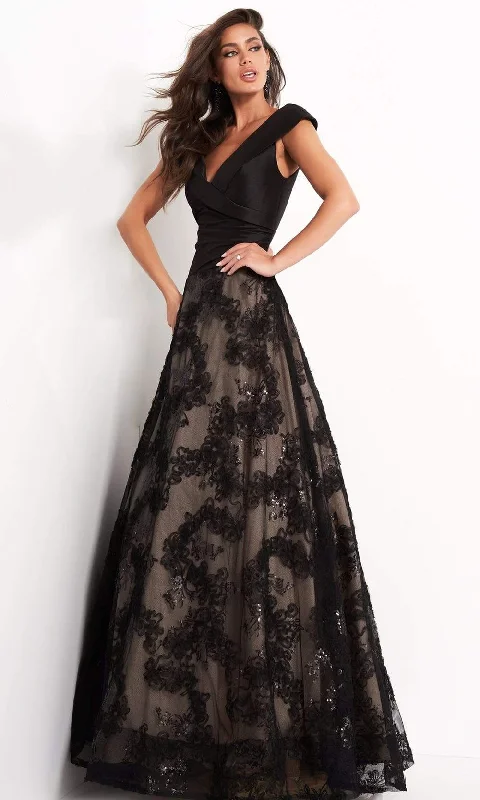 Closeout Jovani - 03330 Cap Sleeve V-Neck Soutache A-Line Gown