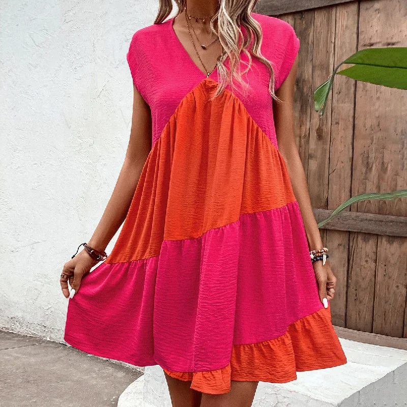 Final Clearance Two Tone Colorblock Contrast Crepe V Neck Ruffle Hem Short Sleeve Mini Dress