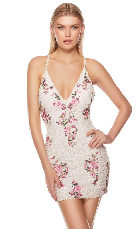 Incredible Offers Alyce Paris 84004 - Floral Deep V-Neck Cocktail Dress