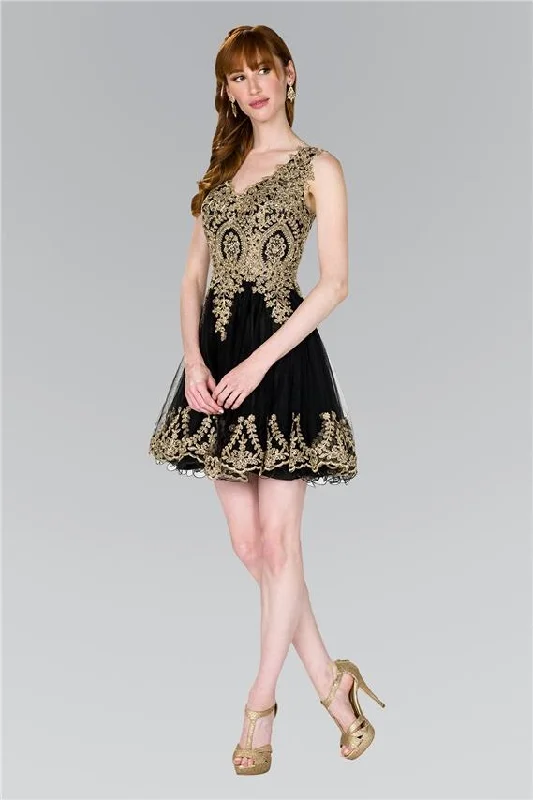 Special Savings Elizabeth K - GS2403 Gold Lace Applique Tulle Cocktail Dress