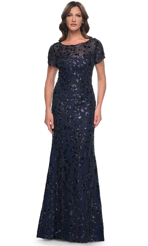 Super Sale La Femme 30877 - Beaded Short Sleeve Long Dress