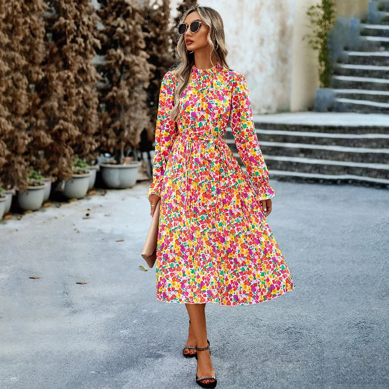 Discount Deals Autumn Long Sleeve Floral Smocked Midi Dress