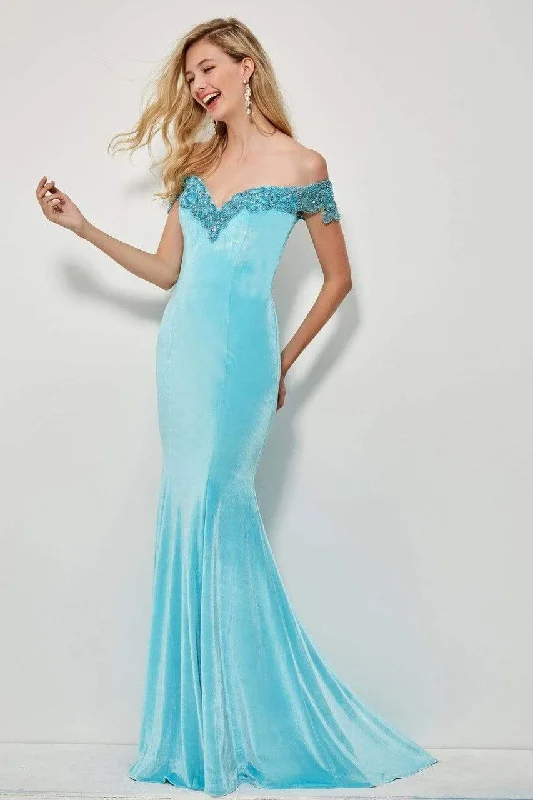 Daily Specials Angela & Alison - 81085 Beaded Off-Shoulder Velvet Mermaid Dress