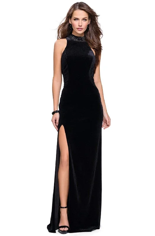 Savings Spectacular La Femme - 25559 High Neckline Velvet Fitted Gown with Side Slit