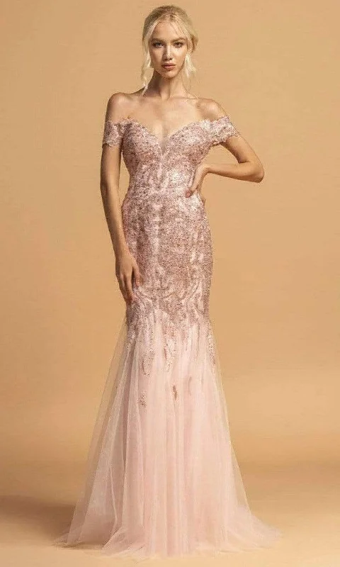 Discount Deals Aspeed Design - L2091 Embroidered Off Shoulder Tulle Gown