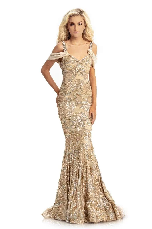 Limited Time Offer Johnathan Kayne - Draped Shoulder Sequined Velvet Mermaid Gown 9013 - 1 pc Champagne/Gold In Size 10 Available Limited Time Offer Johnathan Kayne - Draped Shoulder Sequined Velvet Mermaid Gown 9013 - 1 pc Champagne/Gold In Size 10 Available