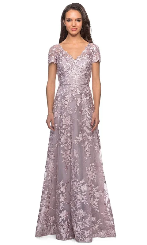 Crazy Deals La Femme - 27870 Short Sleeve Lace Overlaid A-Line Dress