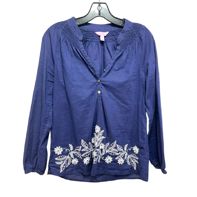 Extra Savings Elsa Embroidered Pullover Top Designer By Lilly Pulitzer In Blue & White, Size: S Extra Savings Elsa Embroidered Pullover Top Designer By Lilly Pulitzer In Blue & White, Size: S