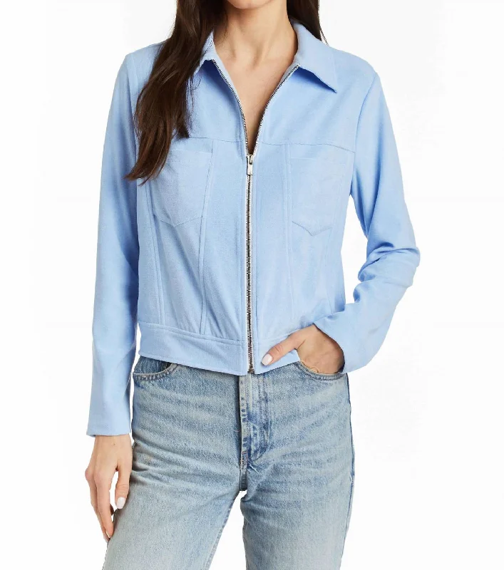Hurry In Mickey Terry Zip Front Jacket In Blue