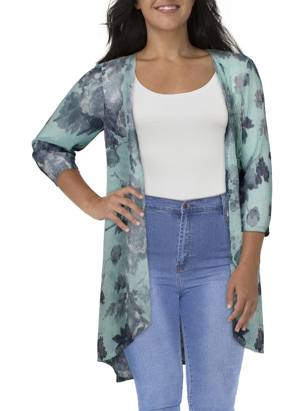 Incredible Offers Plus Womens Crinkled Floral Duster Blazer