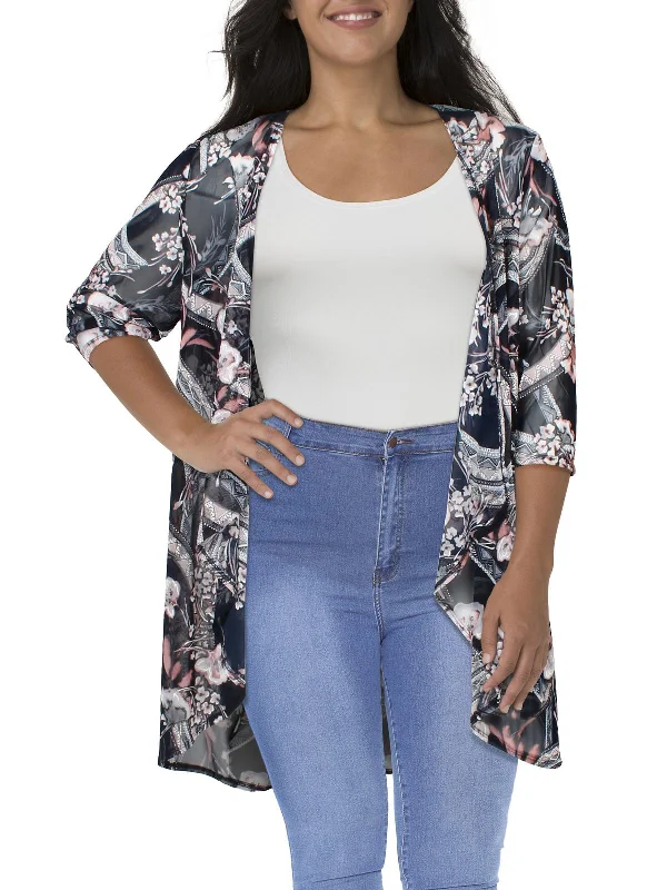 Discount Deals Plus Womens Mesh Printed Duster Blazer