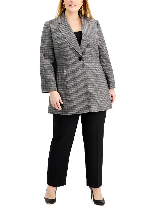 Hurry In Plus Womens Plaid One-Button Duster Blazer