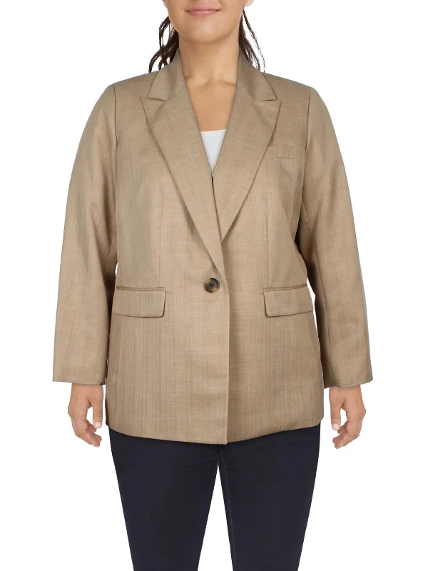 Year-End Sale Plus Womens Striped Polyester One-Button Blazer