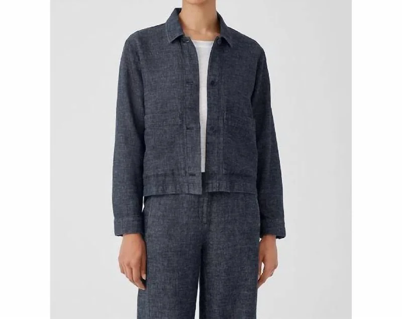 Act Fast Tweedy Hemp Cotton Classic Collar Jacket In Denim