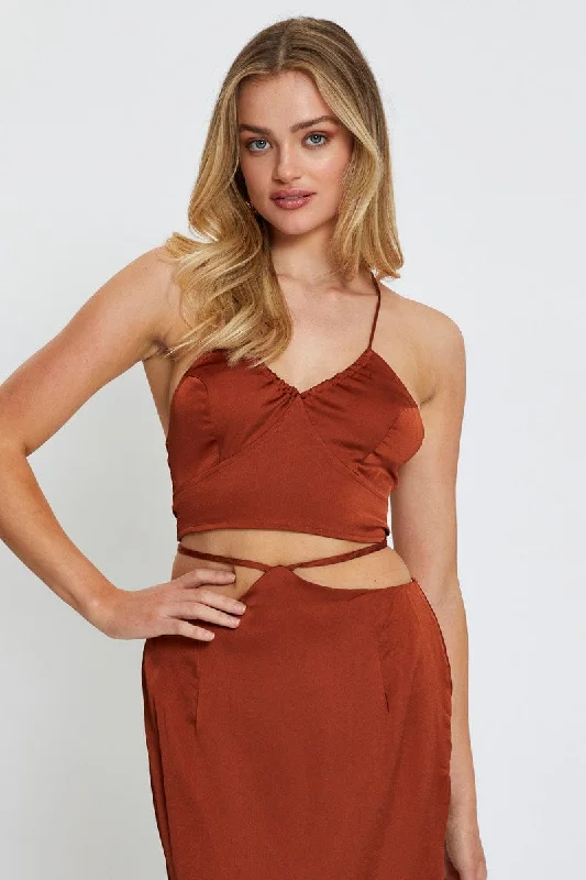 Brown Cami Top Halter Satin