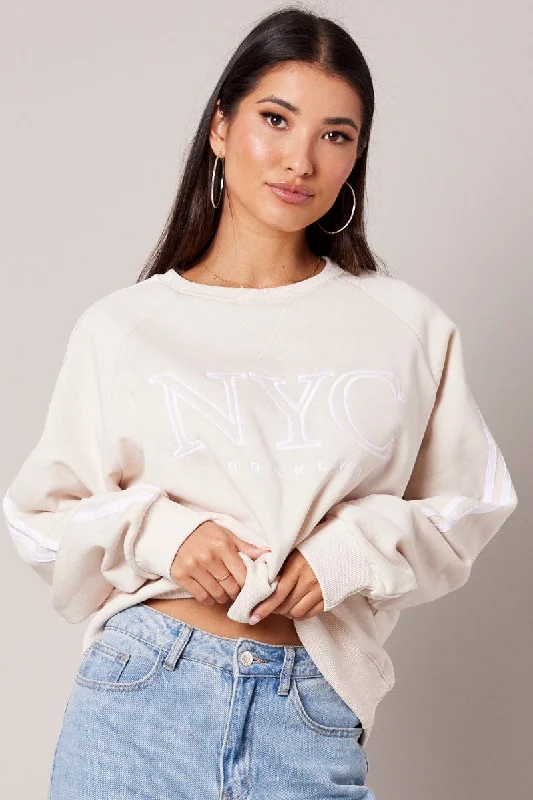 Referral Discount Beige Graphic Sweater Long Sleeve