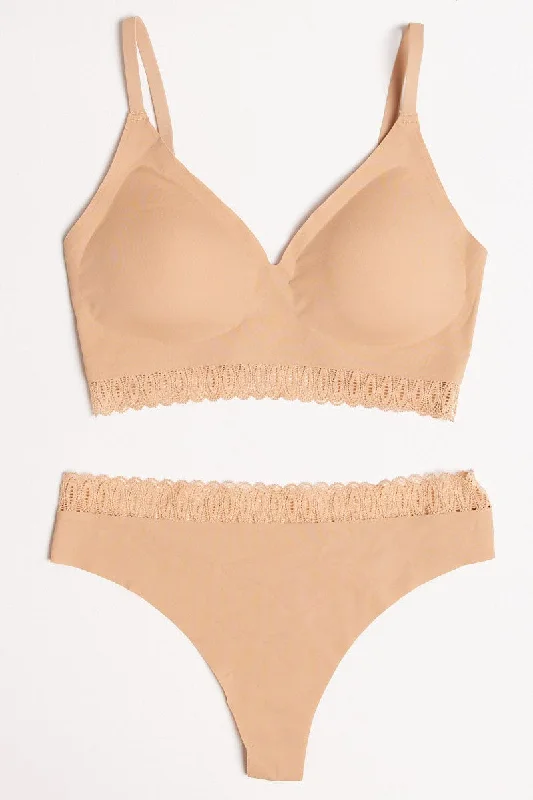 Sale Event Beige Lace Trim Bralette and Knickers Lingerie Set