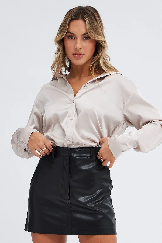 Hurry In Beige Shirt Long Sleeve Collared Longline Satin