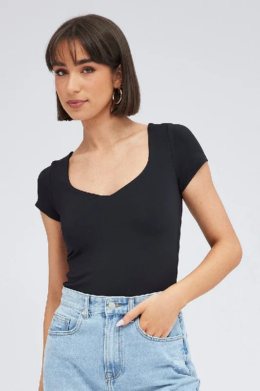 The Best Prices Black Bodysuit Long Sleeve Square Neck