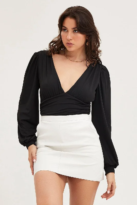 YEAR-End Sale Black Bodysuit Puff Sleeve