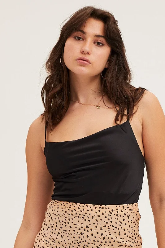 Daily Specials Black Bodysuit Top Sleeveless Cowl Neck Satin