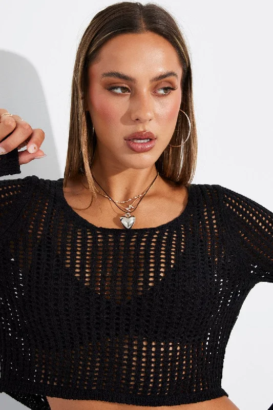 Seasonal Clearance Black Crochet Top Long Sleeve Scoop Neck
