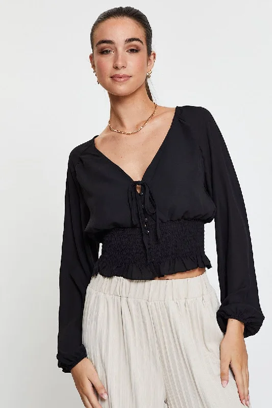 Great Deals Black Crop Top Long Sleeve V-Neck
