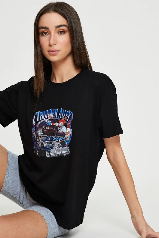 Final Clearance Black Graphic T Shirt Short Sleeve