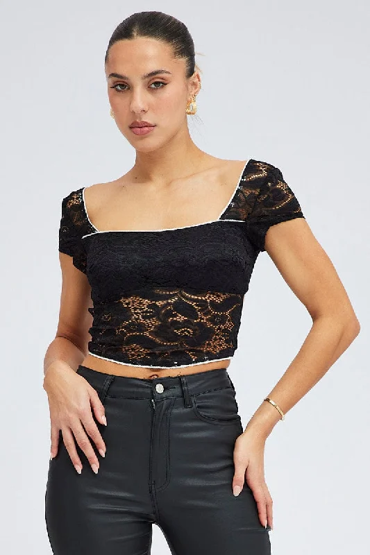 Today’s Deal Black Lace Top Cap Sleeve Square Neck Open Back Stretch